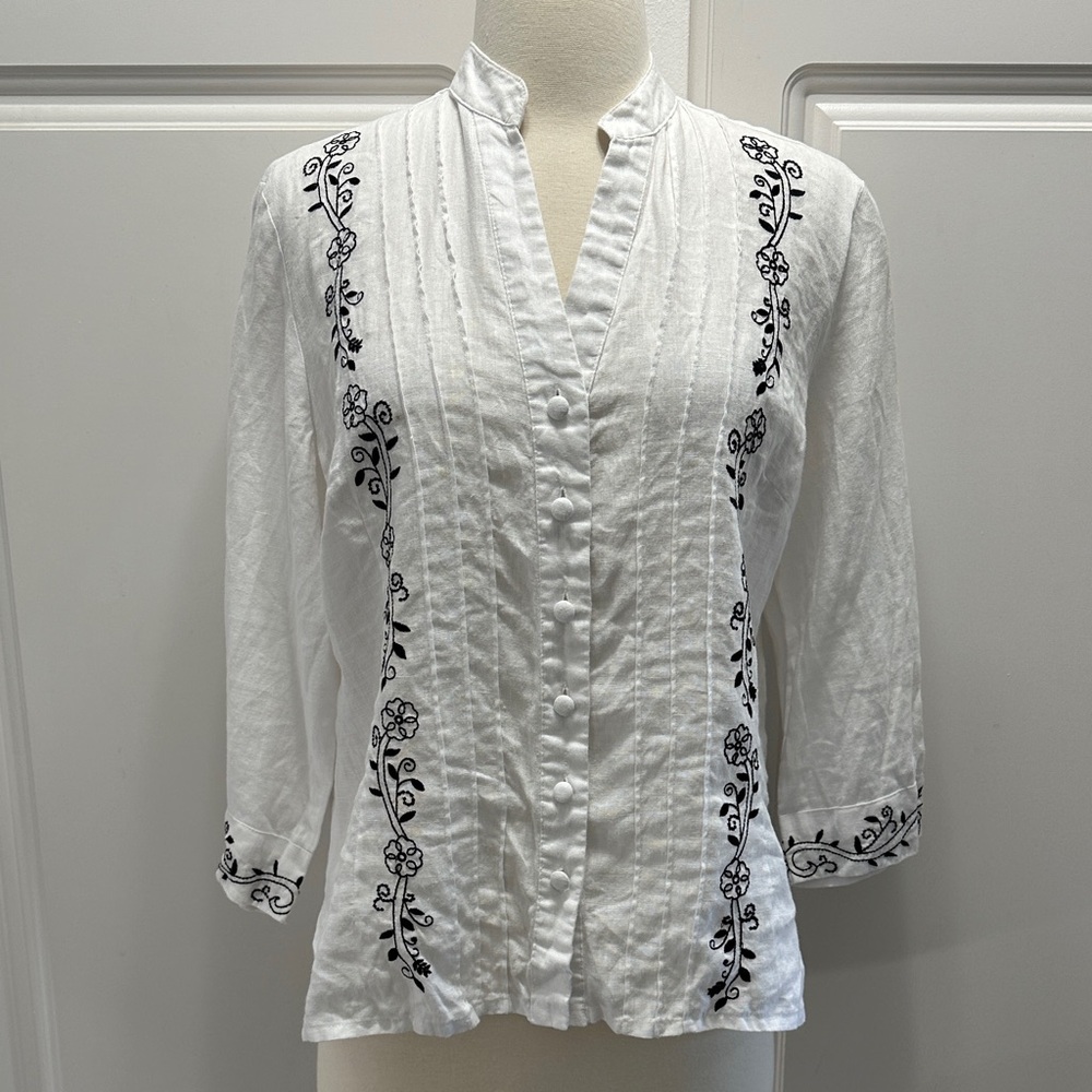 Susan Bristol White Blouse with Black Embroidery